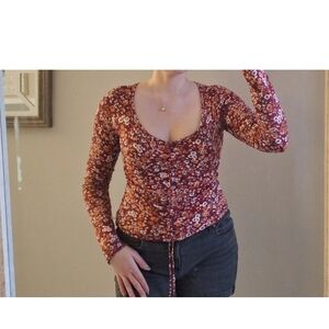 Elegant Floral Long Sleeve Blouse - Burgundy